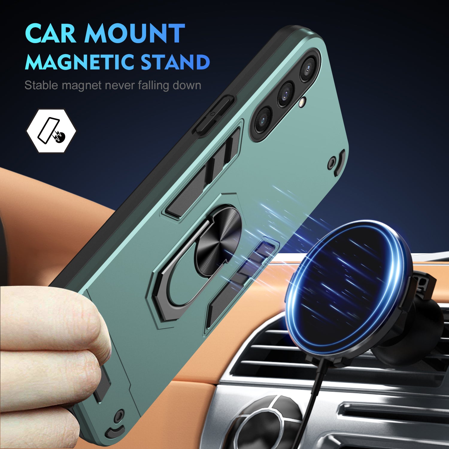 Phone Case for Samsung Galaxy S23 FE Cover Shockproof PC+TPU Rotating Ring Kickstand Shell - Green Phone Case for Samsung Galaxy S23 FE Cover Shockproof PC+TPU Rotating Ring Kickstand Shell - Green